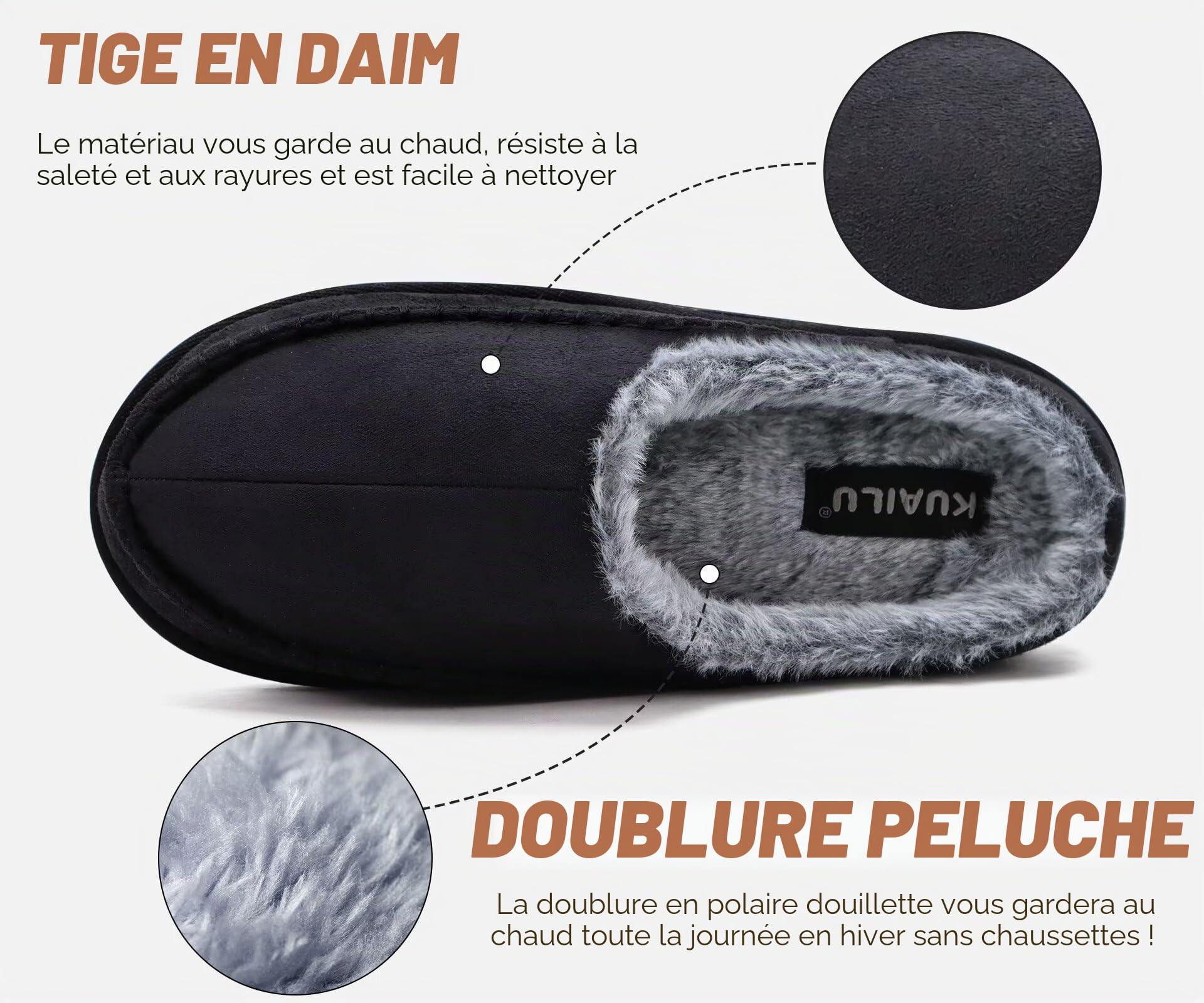 KuaiLu Pantoufles pour support de l'arche hommes Confortable Intérieur Point fait main Microsuède Sabot facile à mettre Maison Chaussures Avec Fausse Fourrure Chaude caoutchouc Extérieur