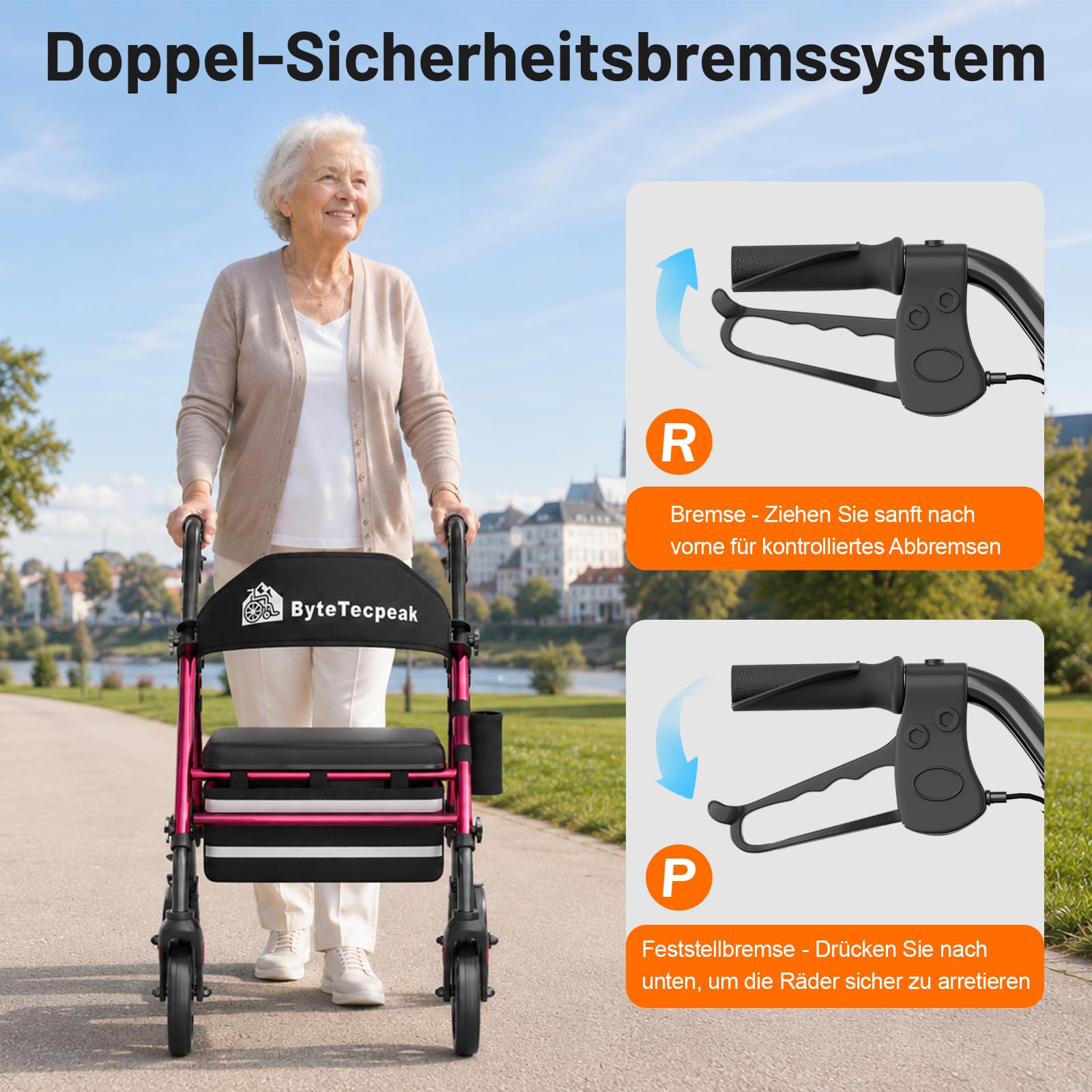 R4 Rollator faltbar und leicht mit Sitz, Rollatoren schmal für Wohnung, Rollatoren für Senioren klappbar mit 20 cm Reifen für All-Terrain, Sitz- und Griffhöhe verstellbar
