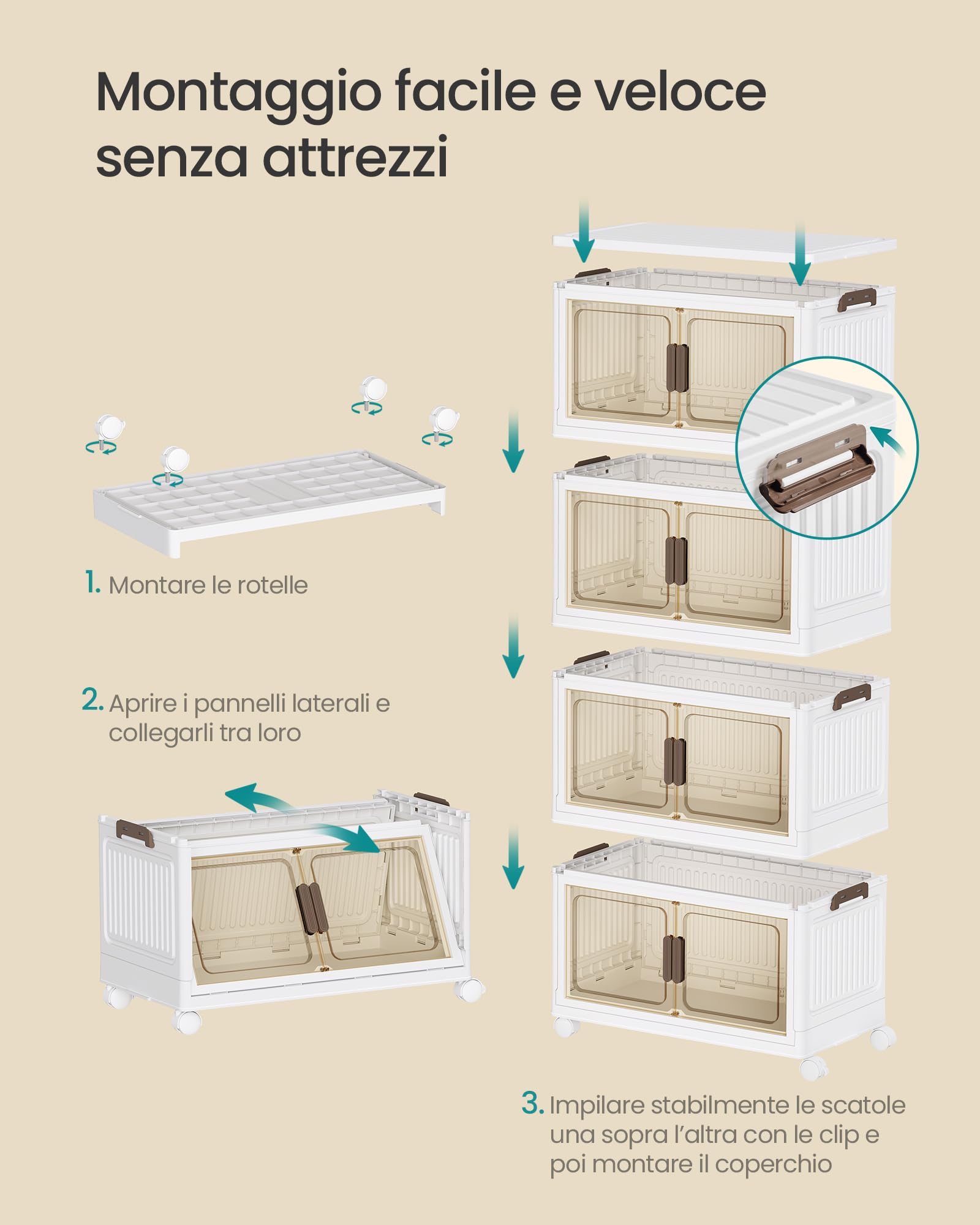 SONGMICS Contenitori 4 Livelli, Organizer Armadio con Coperchio, Scatole Plastica Impilabili con Ruote, Sportello Magnetico, Bianco, 55 L per Cesto, 220 L in Totale RLB460WZ01