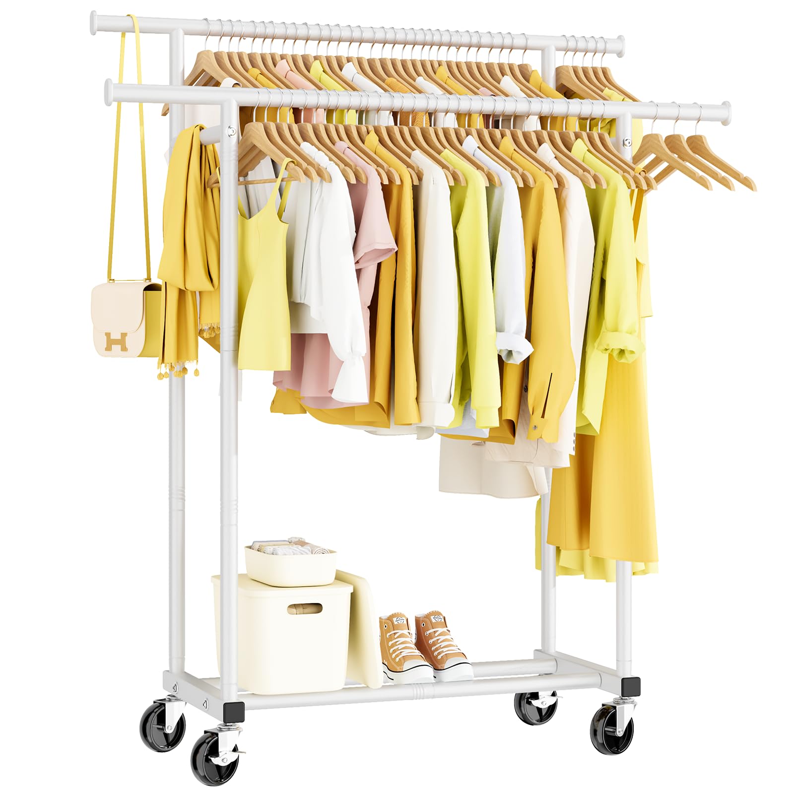 Double Rods Clothes Rack Rolling Clothing Rack for Hanging Clothes Portable Wardrobe Rack Metal Garment Rack Sturdy Coat