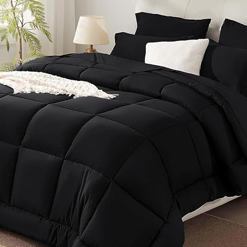 SunStyle Home Full/Queen Comforter Set - 7 Pieces Black Bed in a Bag, All Season Soft Comforters Queen Size Bedding Sets Includes 1 Comforter, 1 Flat Sheet, 1 Fitted Sheet, 4 Pillowcases