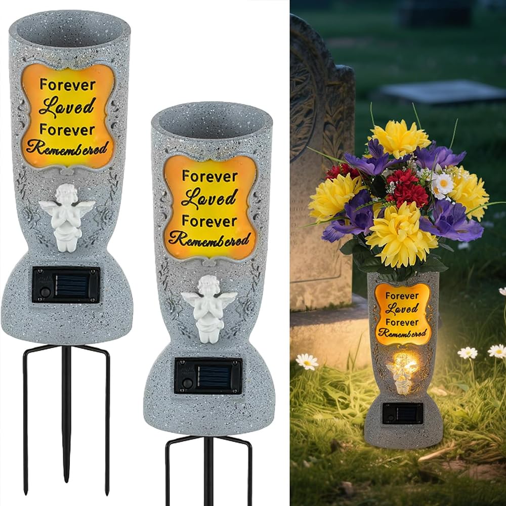 Solar Cemetery Grave Vase: -Sympathy Funeral Gift Tributes for Cemetery & Garden Memory Sign for Loss of Loved One