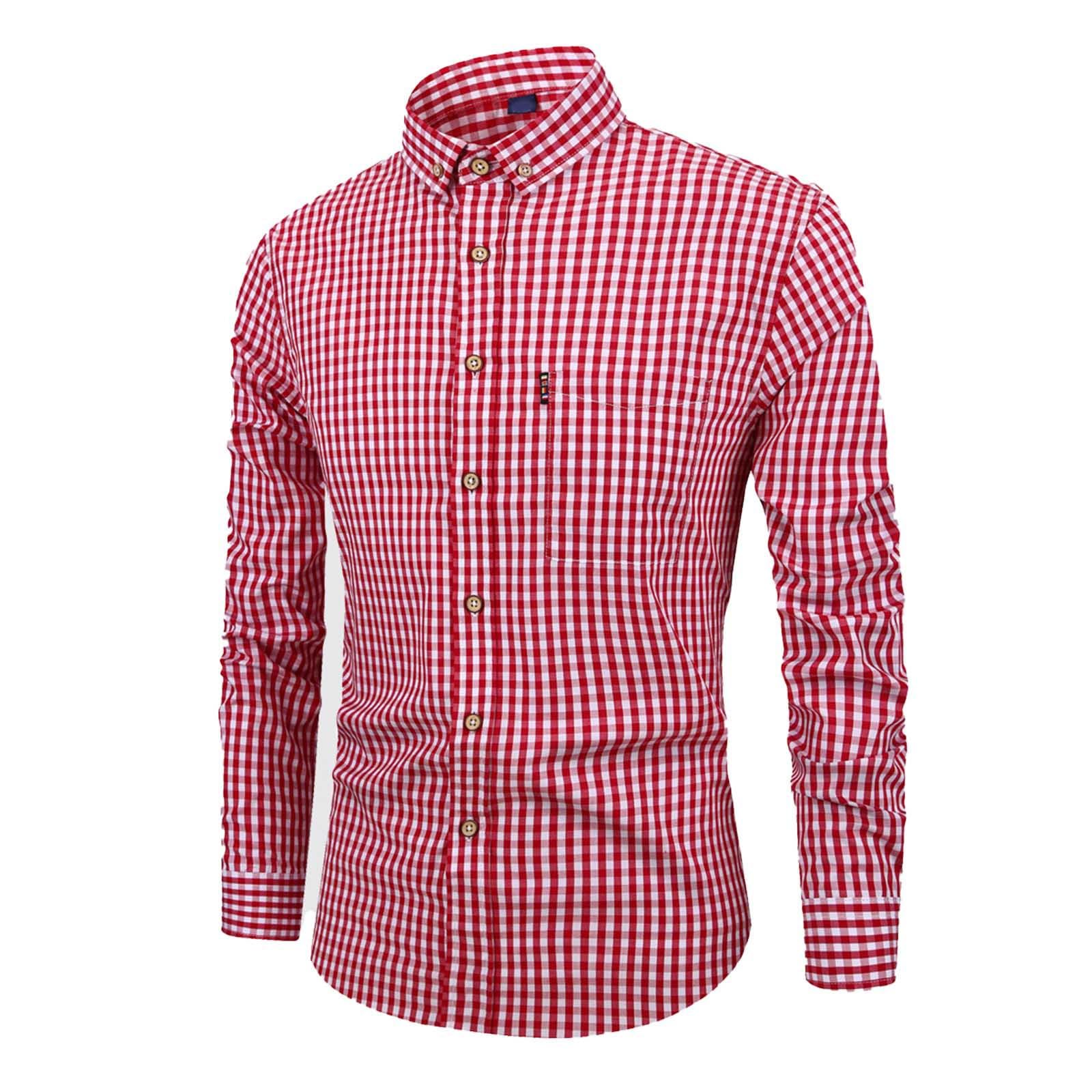 Checked Shirts Men's Long Sleeve Button-Down Shirts Plaid Shirt Oktoberfest Costume Carnival Breathable Long Sleeve Shirt Regular Fit Tops Business Casual Shirts Traditional Checked Shirt, O Red, M