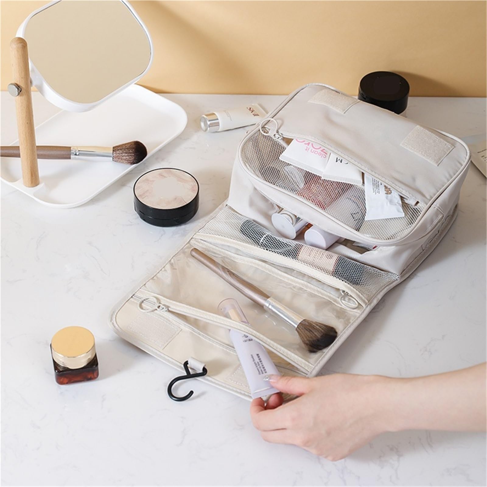 1 pz borsa da toilette appesa for viaggi d'affari portatile for il trucco for la cura della pelle di grande Per Viaggi(Beige)