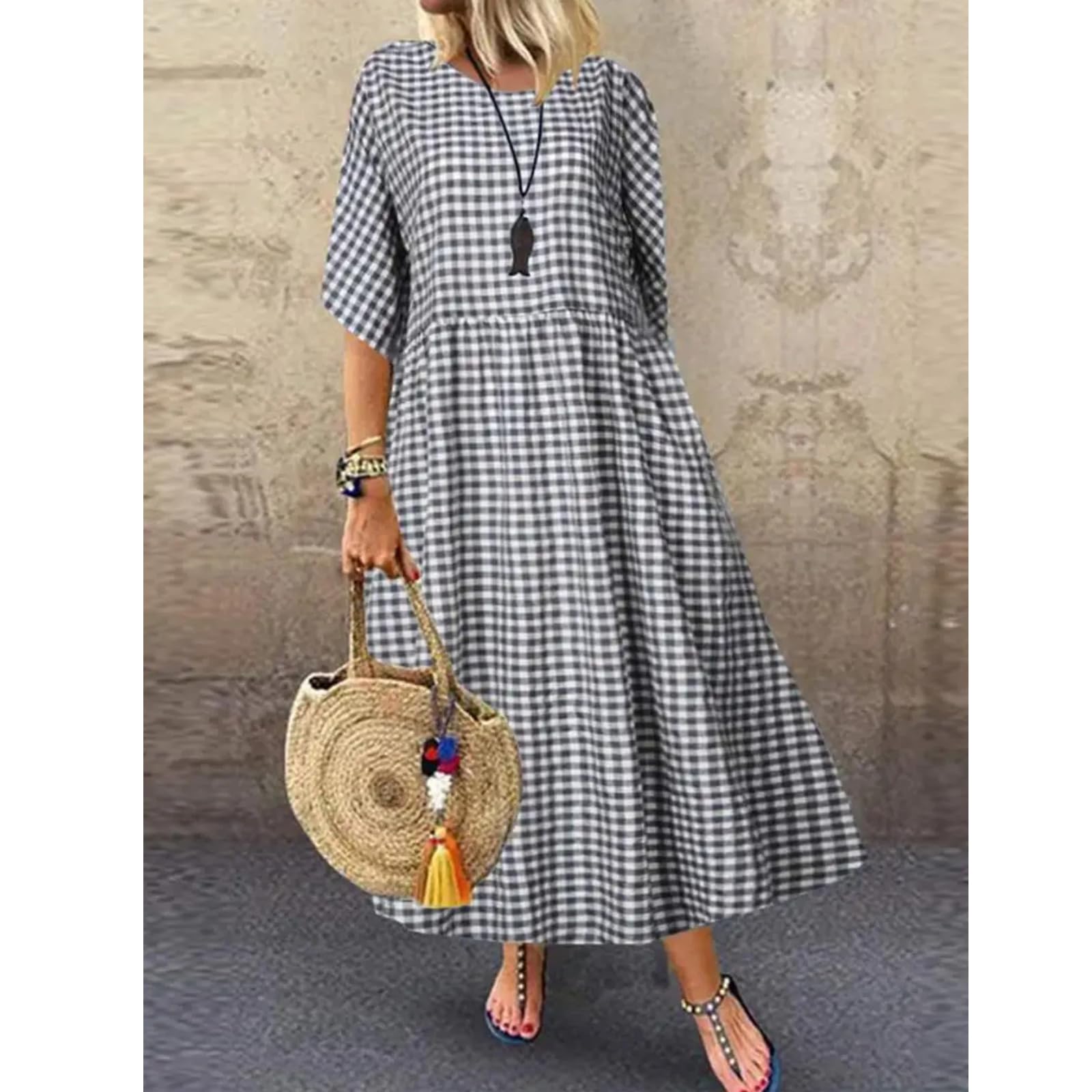 Vestido de Verano para Mujeres, Elegante Cuadro, Bata Estampada, Moda, Casual, Fiestas, una línea de Vestido Largo Oversize