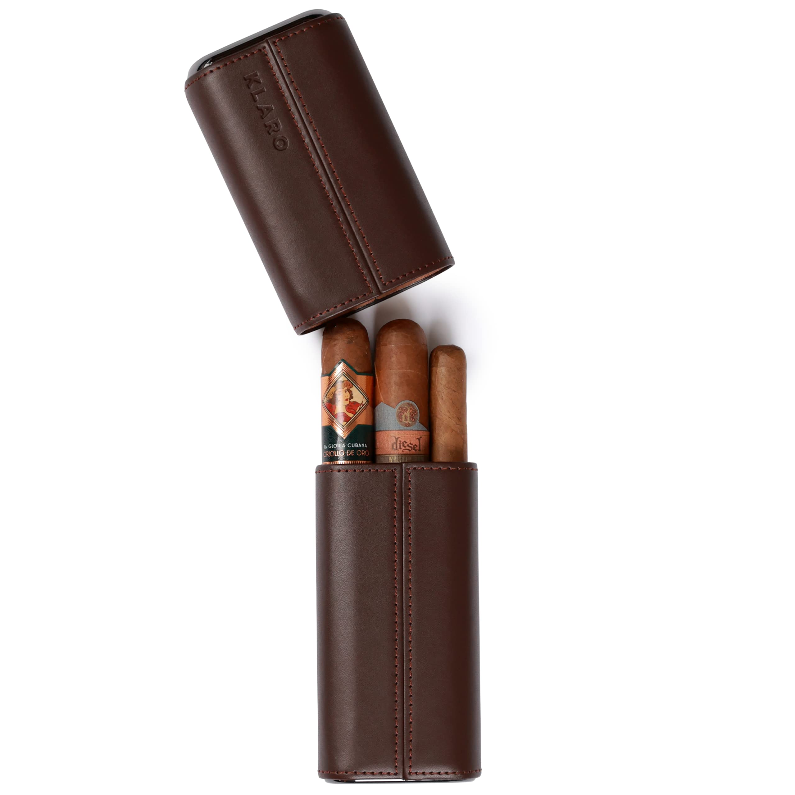 CASE ELEGANCE Estuche Protector de Viaje Premium para 3 cigarros, Cuero marrón de Grano Superior Genuino, Forrado de Cedro con Tapas de Extremo de Metal Dorado, empaque Listo para Regalo