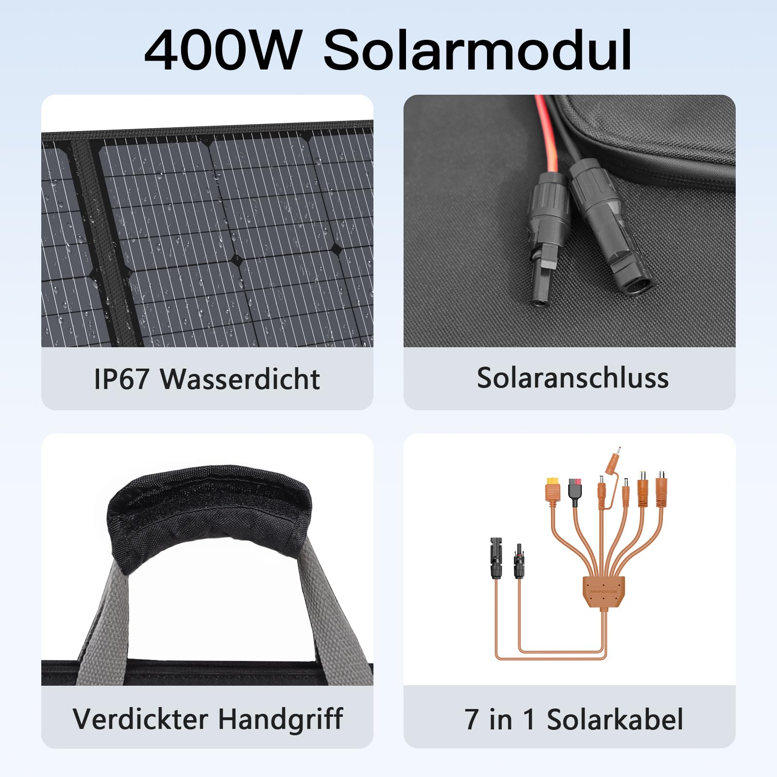 Przenośny panel słoneczny 400 W, 31 V, składany moduł solarny do powerbanku | Z regulowanym stojakiem, wodoszczelność IP67, do użytku na zewnątrz, na kemping, do kampera, ogrodu, na balkon
