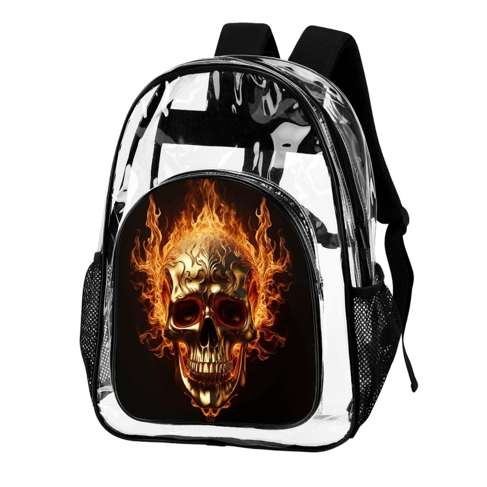 Transparenter Rucksack mit Totenkopf und Flammen, groß, transparent, PVC, Büchertasche für Sicherheit, Arbeit, Reisen, Stadion