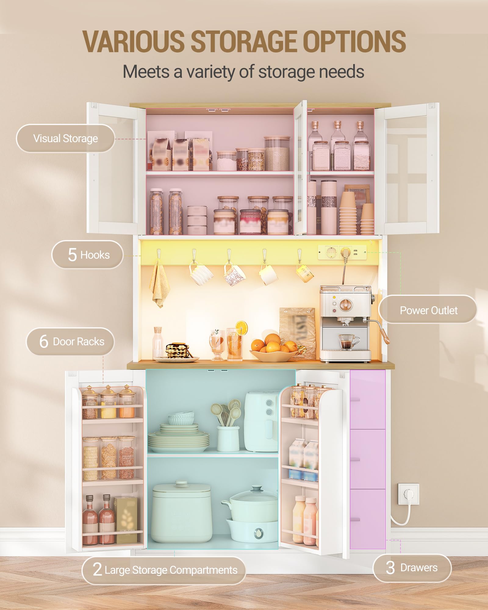 Hzuaneri Buffetschrank, Küchenschrank, mit 6-Stufigem Regal Hinter den Türen, 5 Schranktüren und 3 Schubladen, LED und Steckdosenleiste, Küche, Eiche-Weiß, 40 x 100 x 180 cm, PT10303XEU