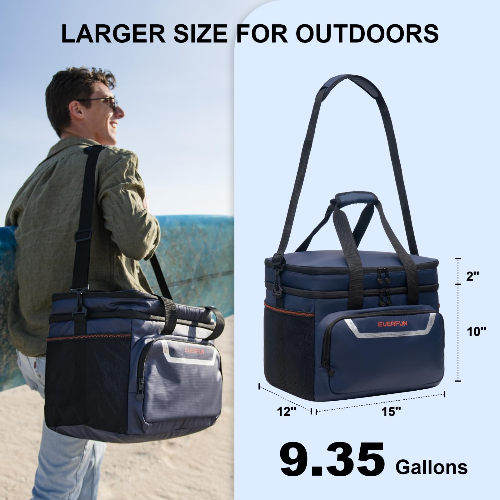 EVERFUN Grande borsa termica morbida da viaggio, spiaggia, isolante, per uomo, 48 lattine, doppio scomparti, pieghevole, impermeabile, a prova di perdite, per campeggio, picnic, blu navy