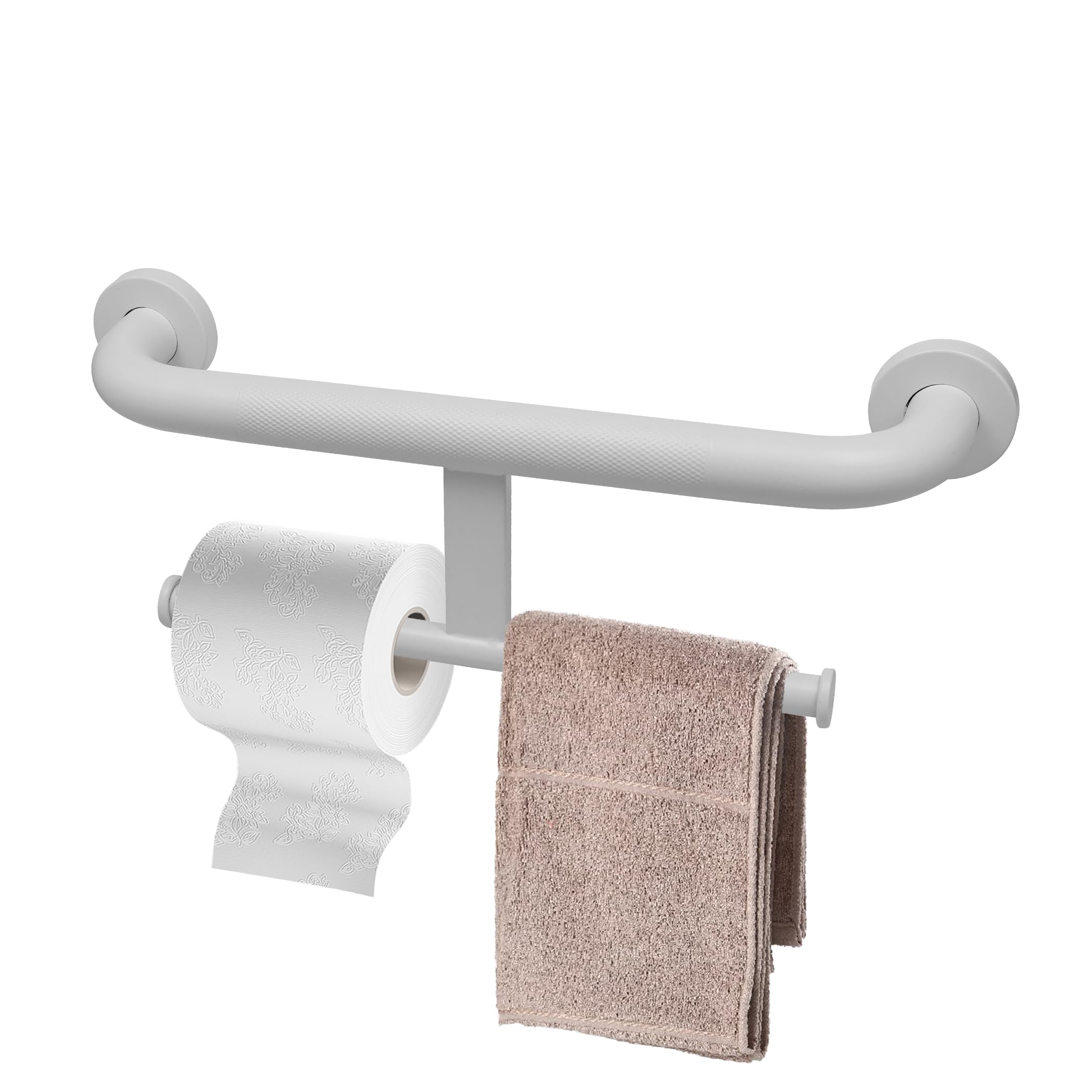 Maniglione per disabili con porta rotolo di carta igienica, maniglia di supporto di sicurezza 2 in 1, 40 cm, in acciaio inox bianco, montaggio a parete, per anziani e anziani