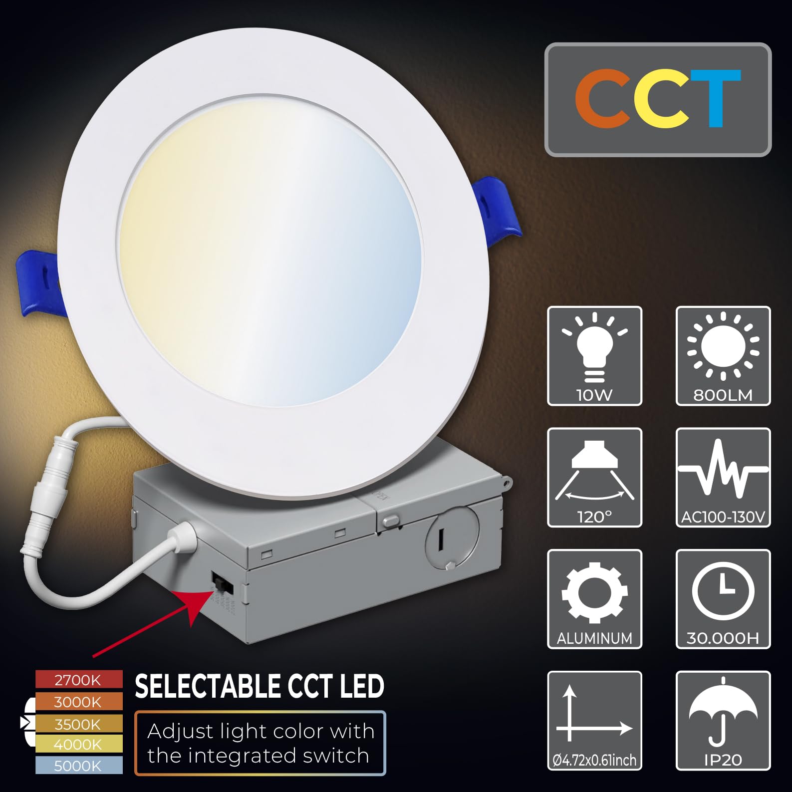 LED ATOMANT 2 Pack 4 Inch LED Recessed Ceiling Light with Junction Box, 10W 800LM, 5CCT Selectable 2700K/3000K/3500K/4000K/5000K, Dimmable Canless Downlight