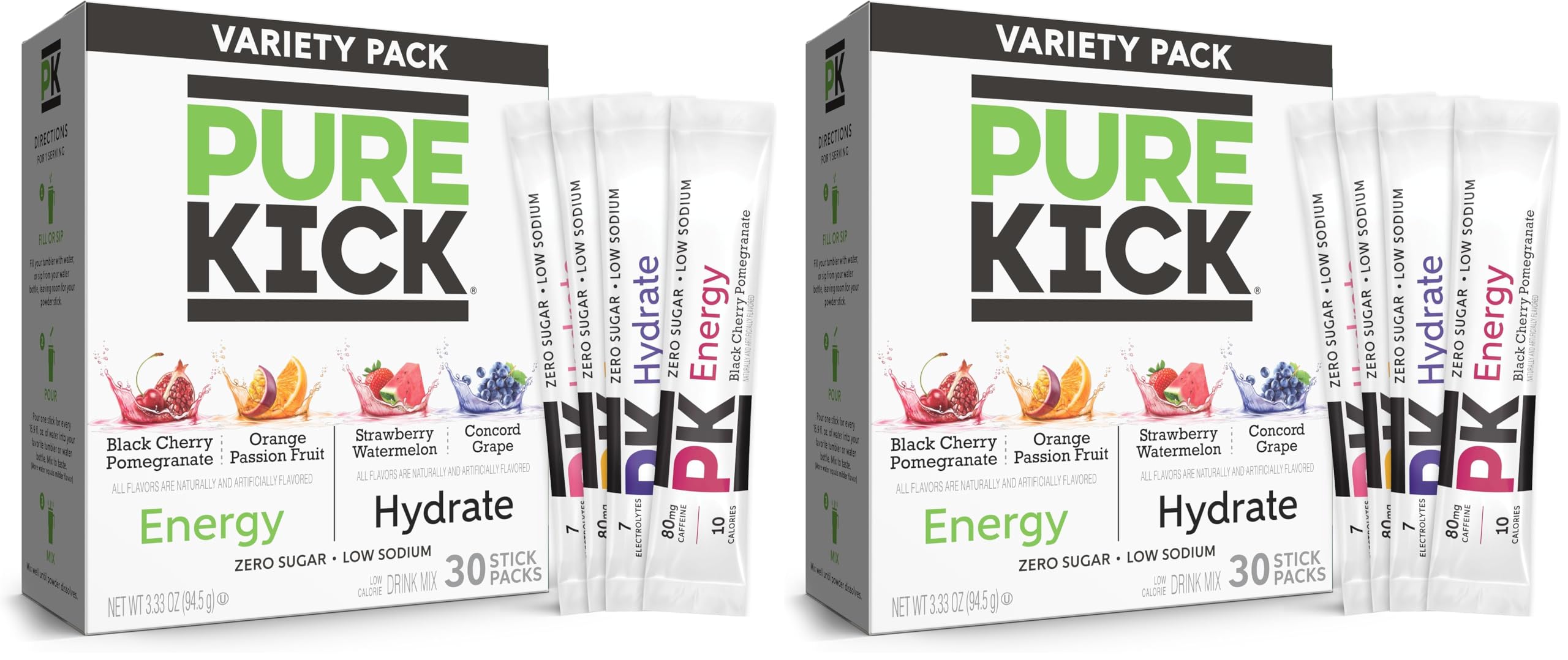 PURE KICK Energy and Hydrate Singles To Go Drink Mix Variety Pack, Black cherry Pomegranate, Orange Passion Fruit, Strawberry watermelon and Concord Grape (Pack of 60)