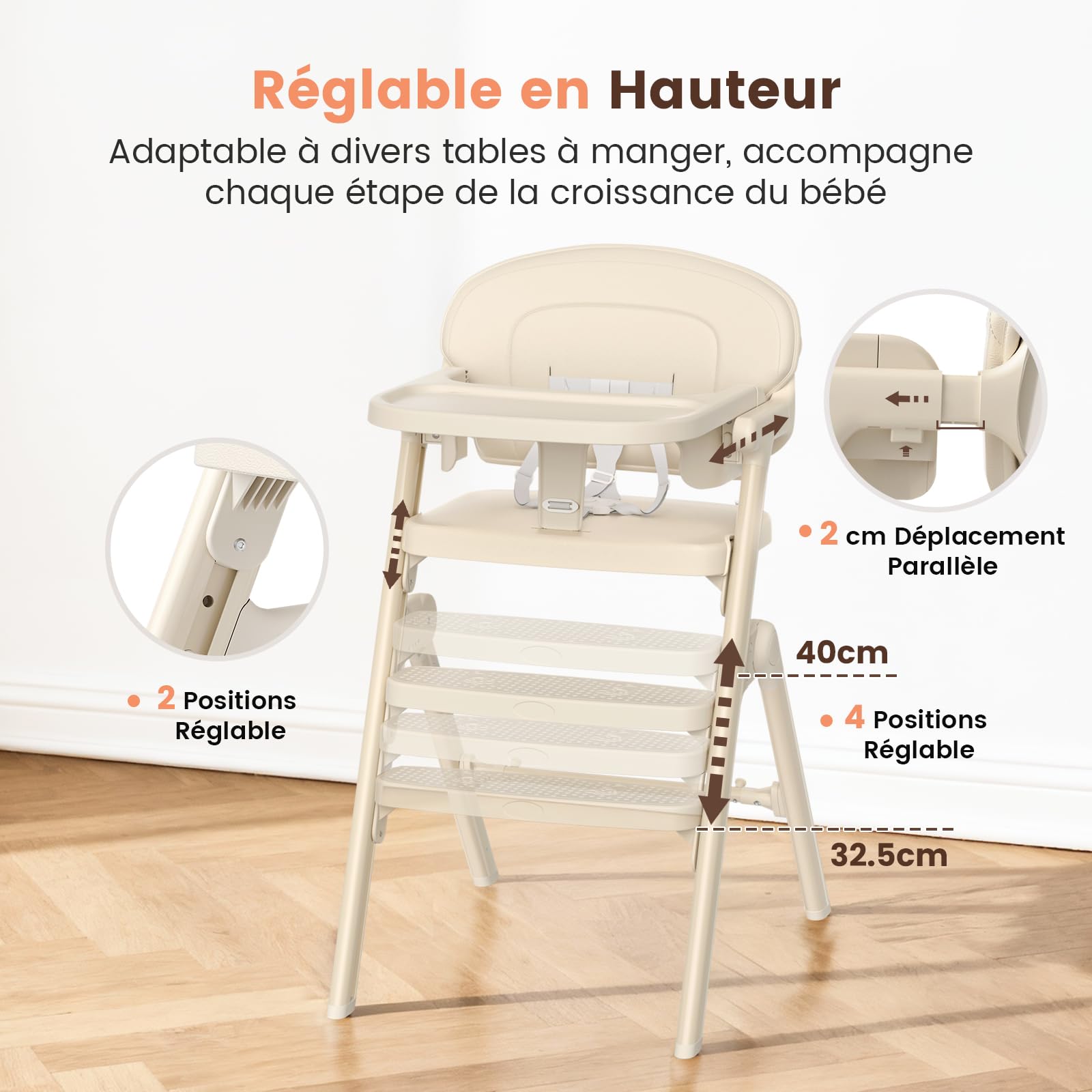 Chaise Haute Bébé Évolutive - de 6 Mois Jusqu'à 90 kg -Chaises Hautes Pliée avec Assise/Repose Pieds Réglables, Amovible Plateau et Coussin/Harnais 5 Points-Conforme à L'ergonomie (Beige)