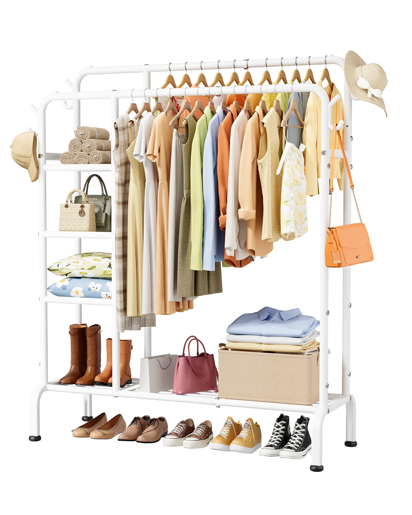 Clothes Rack - Double-Rod Clothing Rack with Built-In Hooks Shelves Multi-Functional Wardrobe Closet for Bedroom Living Room Entryway