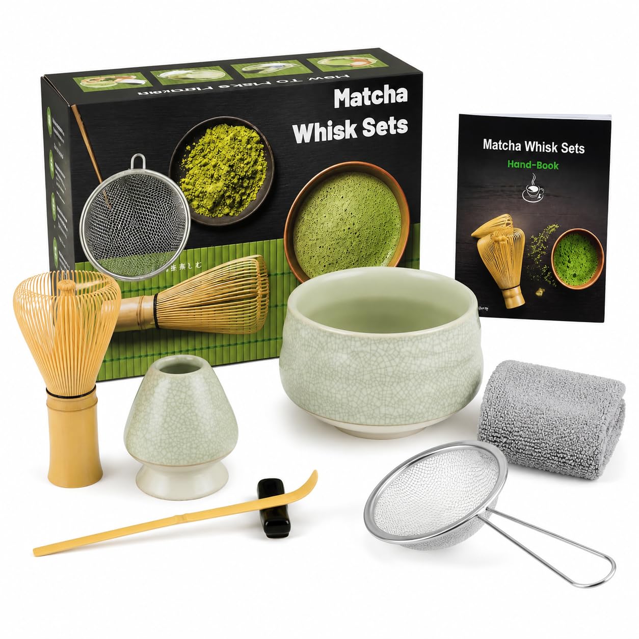 Matcha Whisk Set 7 Piece, Crackle Grey Green Bowl & Yellow Plastic Whisk, Holder & Accessories – Japanese Matcha Tea Set