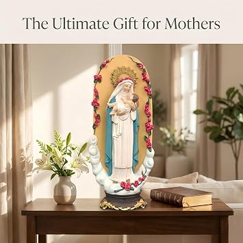 MeritMode Virgin Mary Statue, Madonna And Child, Catholic Gift For Women | Hand-Painted Resin, 30 cm Tall, Gold Halo, Red Rose Frame, Shelf, Mantelpiece, Home Altar