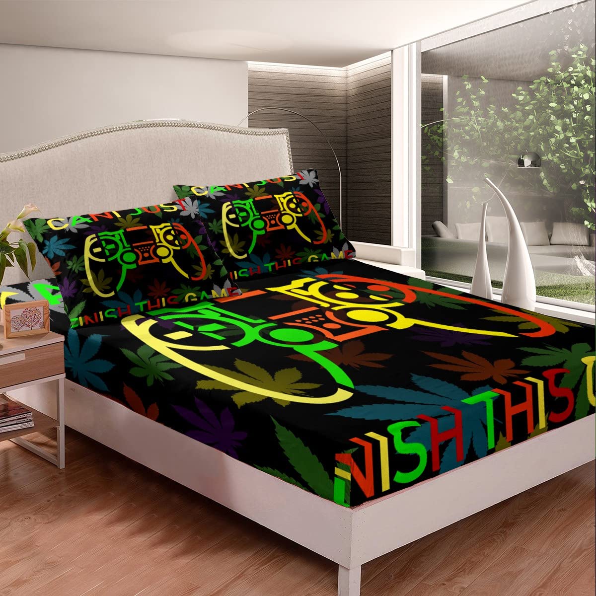 Cannabis Leaf Print Fitted Sheet Gamer Sheet Set Game Room Decor Bedding Fitted Sheet Gaming Black Bed Sheet Set for Kids Boys Girls Adults No Flat Sheet Double