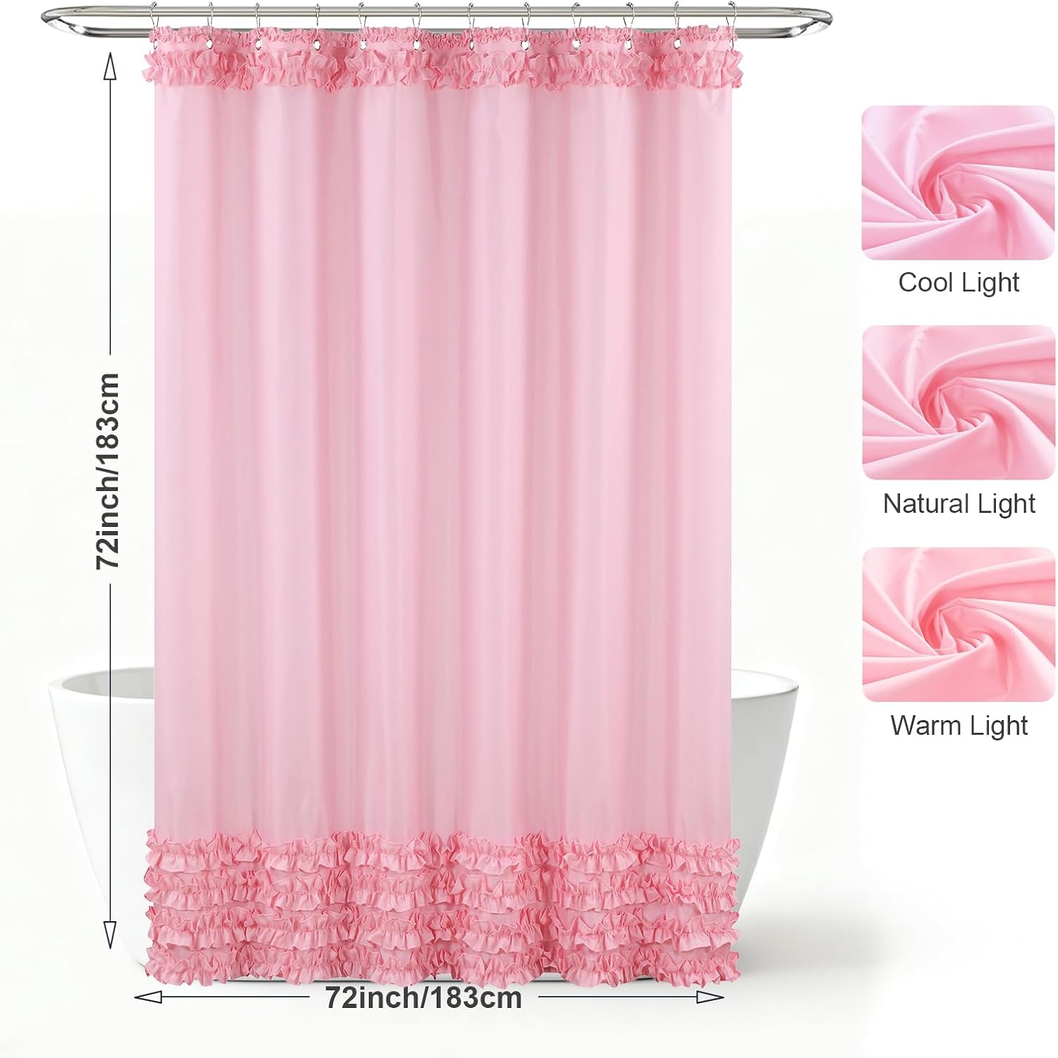 Ruffle Shower Curtain, Pink Girls Women Fabric Shower Curtain with Delicate Handcrafted Ruffles, Waterproof Ruched Farmhouse Decorative Bathroom Curtain, 72" W x 72" H