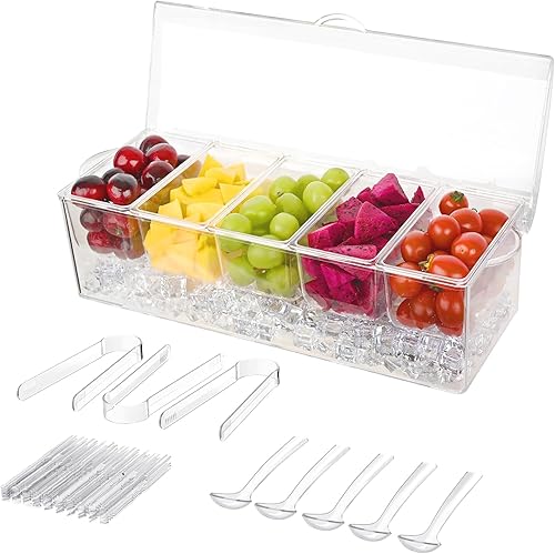 Miniatura 1 de Organizador de condimentos enfriado con hielo, con 3 tenedores de acero inoxidable y 2 pinzas, bandeja para servir en frío para fiestas entretenidas