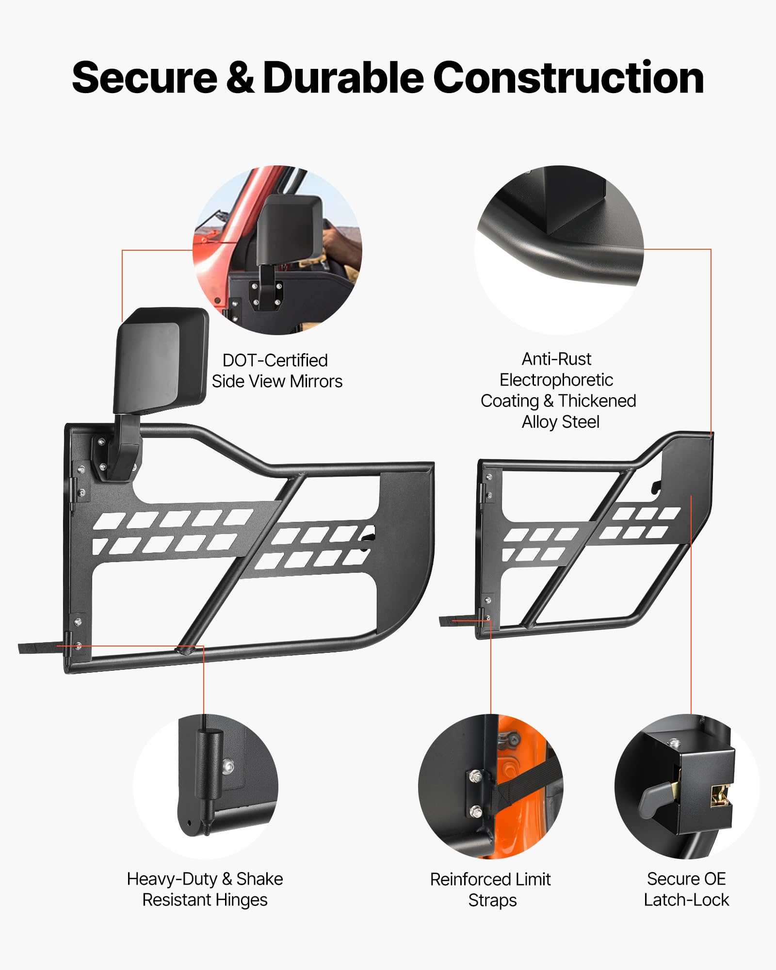 VEVOR Demi-Portes Tubulaires pour Jeep, Kit de 4 Portes avec Rétroviseurs Certifiés DOT, Compatible avec Jeep Wrangler JK Unlimited 2007-2018, en Acier Allié, Patins en Caoutchouc, pour Tout-Terrain