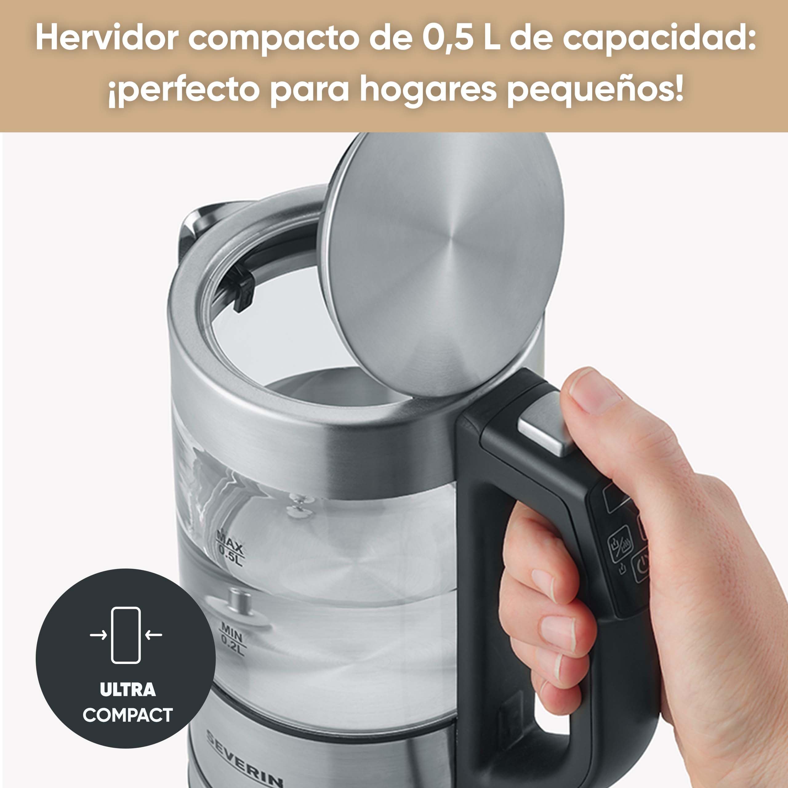 SEVERIN Mini Hervidor de cristal digital, 1100 W, 0.5 L, Acero Inoxidable/Negro WK 3458