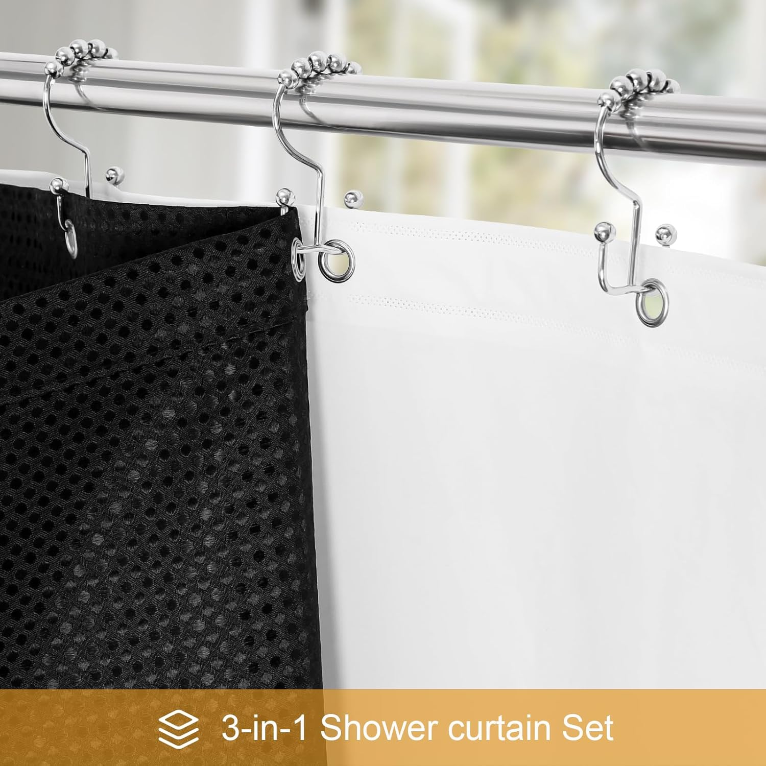 3 in 1 Shower Curtain Set, Black Waffle Shower Curtain and PEVA Liner Set with 12 Stainless Steel Shower Curtain Hooks, Waterproof Fabric Shower Curtains for Bathroom, 72 W x 72 H