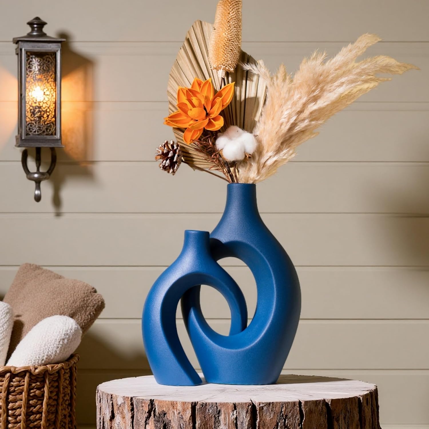 Snuggle Hollow Ceramic Vase Set of 2, 11 inch Hug Donut Modern Nordic Boho Style Vases for Home Decor Anthropologie Aesthetic Living Room Shelf Entryway Table Decorative (Navy Blue) - Image 2