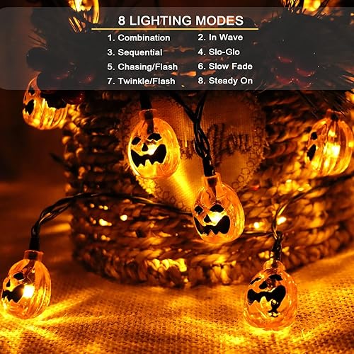 Miniatura 5 de Luces solares de Halloween naranjas para exteriores, 25.6 pies, 40 LED, 8 modos, luces solares de calabaza para exteriores, luces de calabaza de