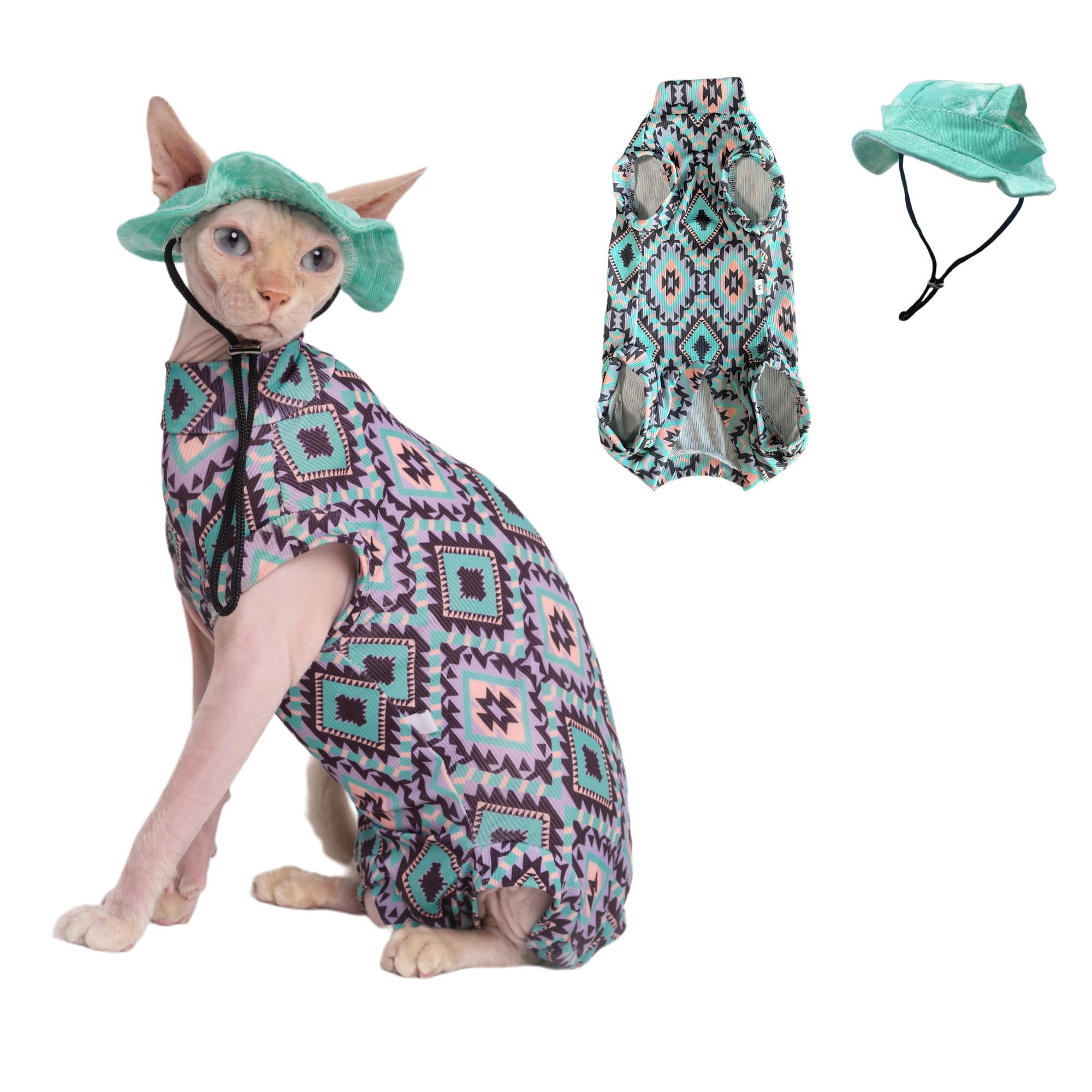 GigglyHouse Sphynx Cat Clothes Cooling Shirt & Hat Summer Set, Breathable UPF Sun Protection for Devon Rex Sphynx Cats (XL (8-10lbs))