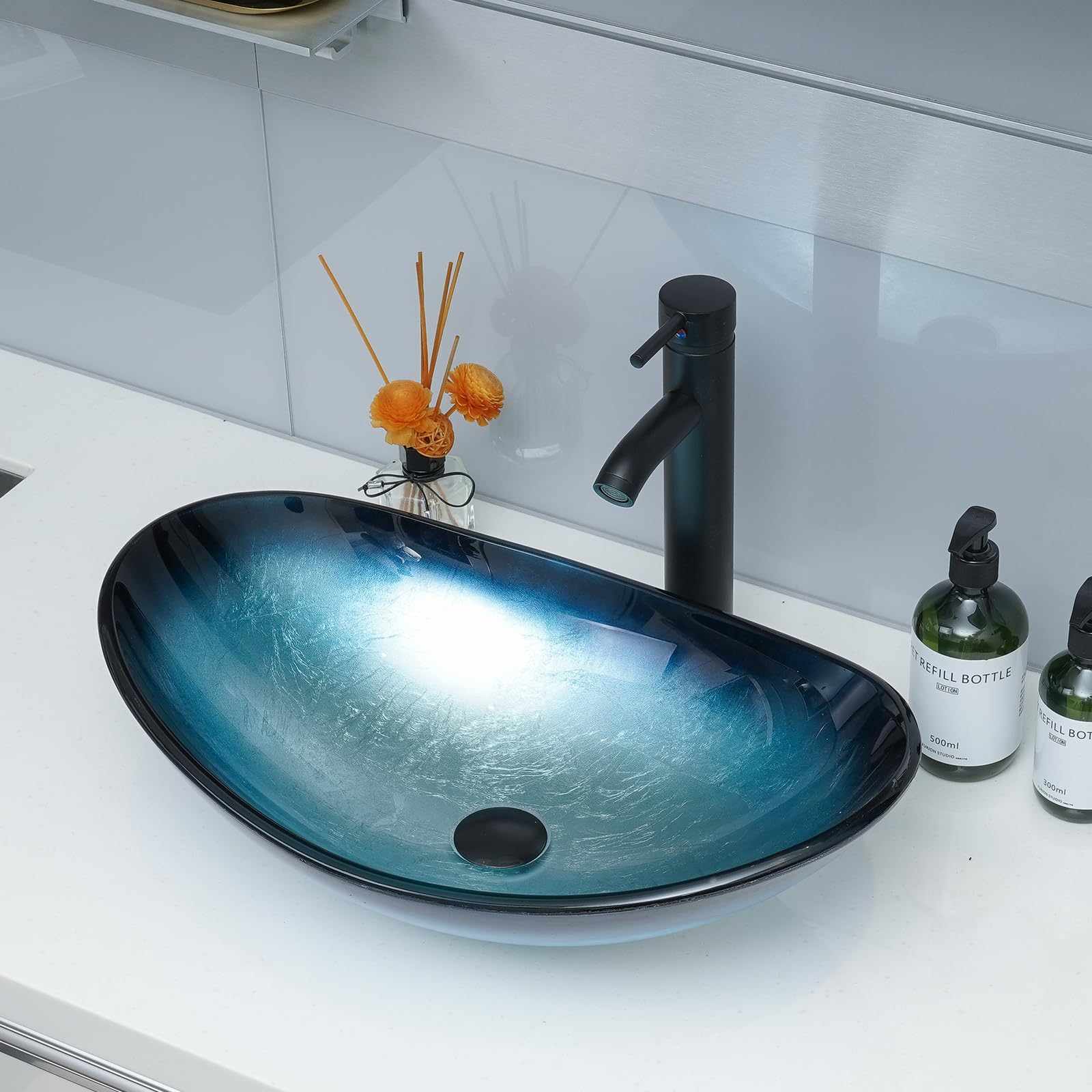 YU YUSING Lavabo da Appoggio in Vetro, Lavabo da Bagno, Lavadino Ovale con Rubinetto, per Bagno, Cucina, Ospiti, WC, Moderno, Colore Blu 53 x 35 x 16 cm