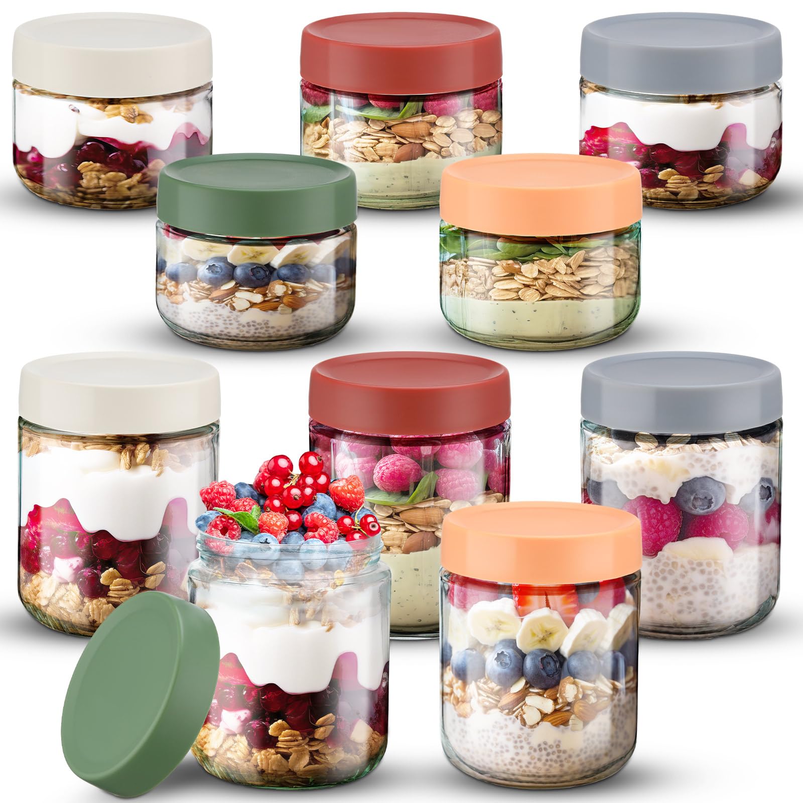 Qinyoung Glass Meal Prep Containers 10 Pcs Overnight Oats Containers with Lids 16 oz and 10 oz Large & Small Glass Jars Breakfast Oatmeal Container