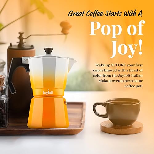 Miniatura 2 de JoyJolt Cafetera italiana Moka Pot de 6 tazas para estufa. Cafetera de aluminio naranja con asas resistentes al calor. Cafetera portátil de café