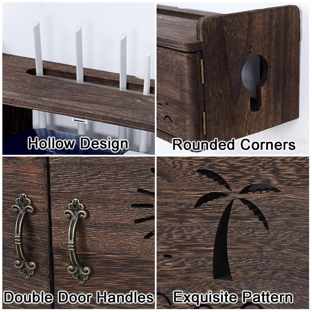 AVSMGP Meuble De Rangement pour Routeur en Bois De Paulownia Grand Meuble Rangement Mural pour Routeur Wi-FI- Étagère Marron Anthracite pour Dissimuler Routeur Et Câbles,58CM/22.8IN