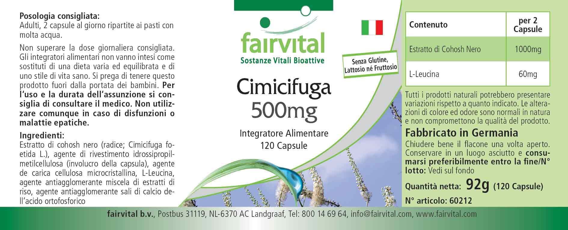 fairvital Capsule di cimicifuga 500mg, 120 capsule, 1000mg per dose giornaliera, Cimicifuga, qualità garantita e dosaggio elevato, 100% vegano, Prodotto in Germania