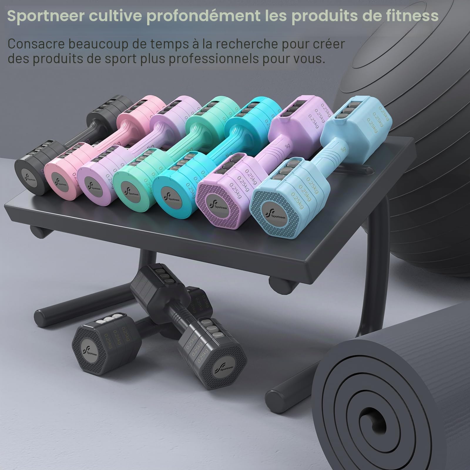 Sportneer Lot de 2 haltères, réglables, pour femme, de 1 à 2,5 kg chacune, 4 en 1, pour la gym, le fitness, la musculation, cadeau | Lot de 2 haltères réglables pour salle de sport à domicile, fitness, musculation, cadeau