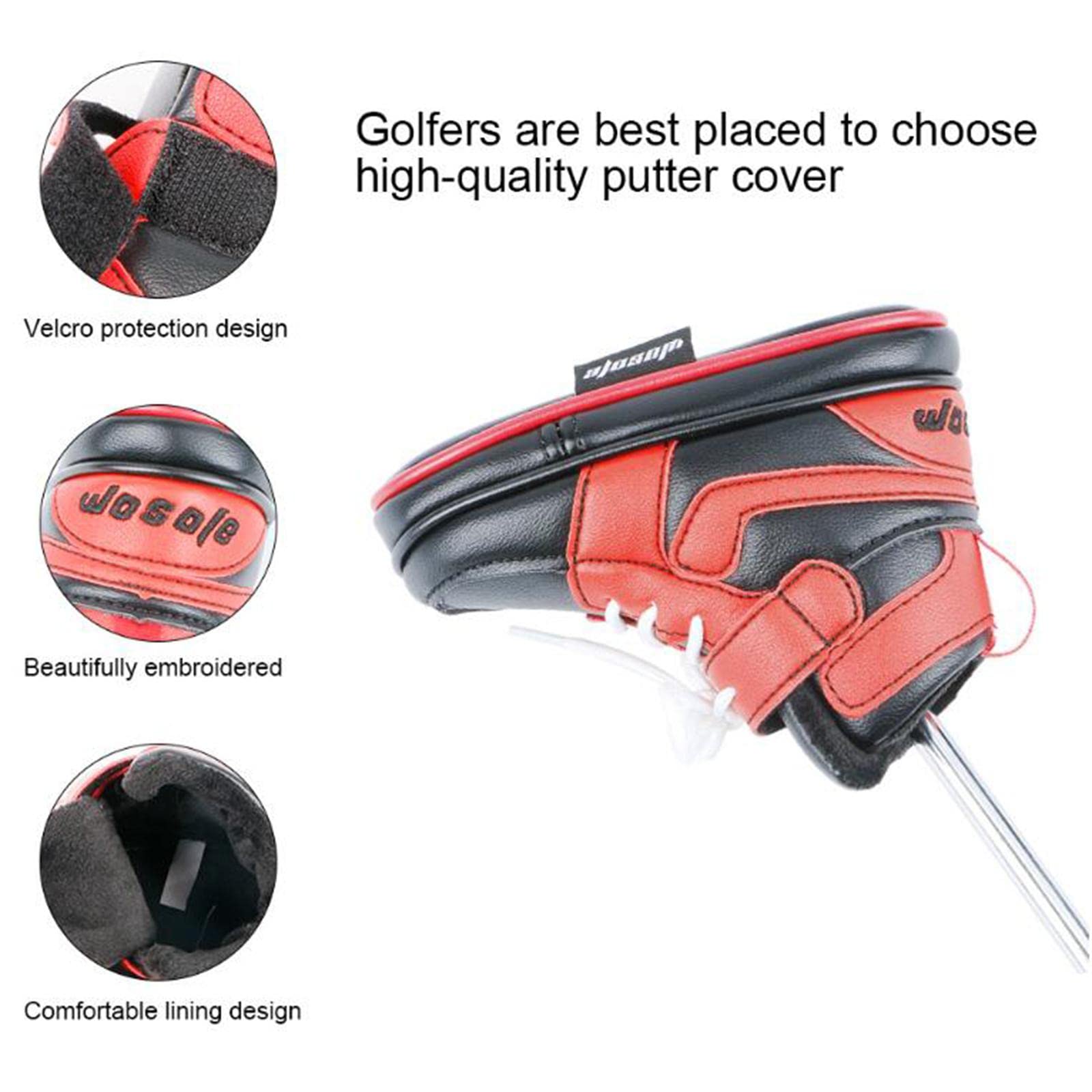 B Baosity Golf Blade Putter Cover Embroidered Pu Leather Headcovers Funny Shoe Shaped Fit All Brands, Black Red