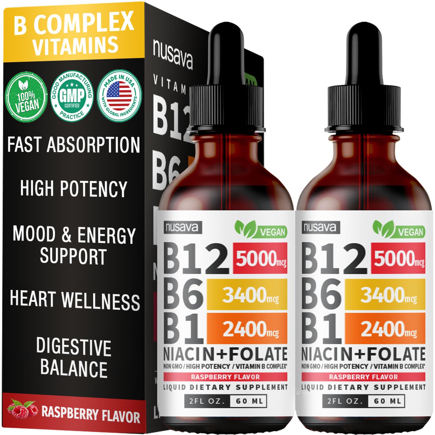 (2 Pack) Vitamin B12 and B6 Liquid Drops, B12 Sublingual Vitamin B Complex - B 12 Vitamin 5000mcg - B12 Methylcobalamin for Energy, Brain, and Heart Support with 27,200 mcg, Raspberry, 80 Servings