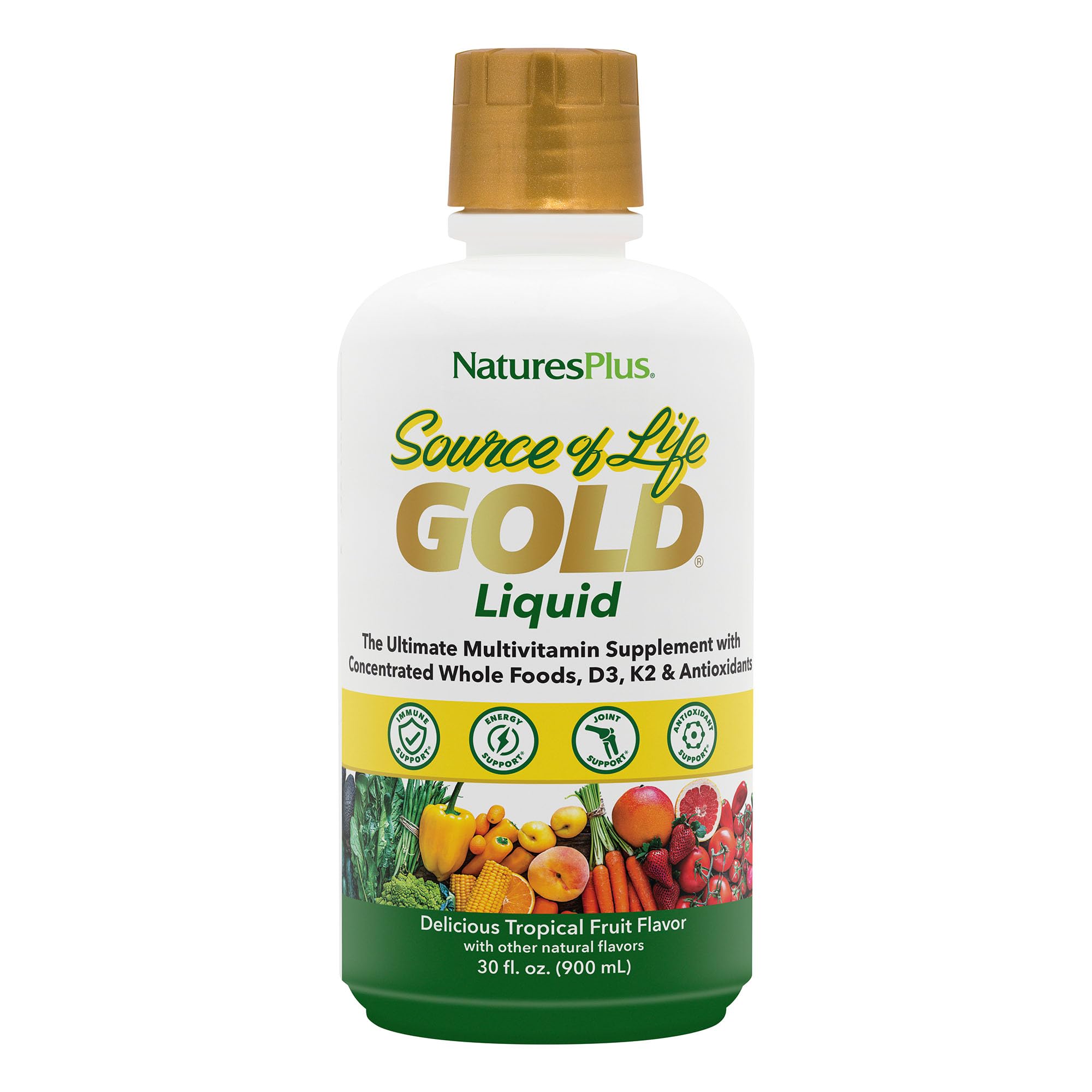 NaturesPlus Source of Life GOLD Multivitamin Liquid 30 oz - Supports Energy Production, Healthy Immune System & Well-Being - Includes Vitamins D3, B12, K2 & Over 120 Whole Food Nutrients - 30 Servings