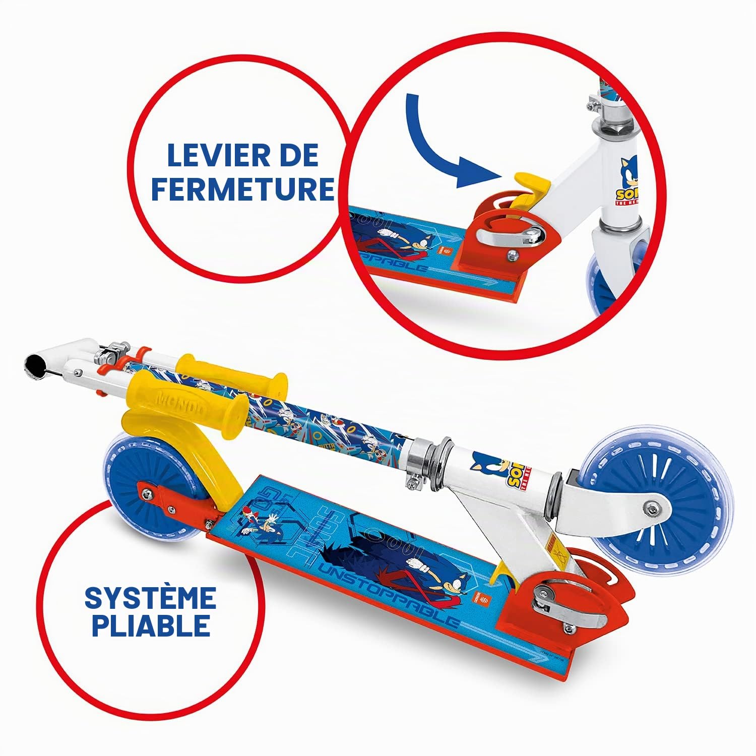 Mondo Toys - Scooter SONIC - Trottinette 2 roues pliable en aluminium avec plateau extra grip et guidon réglable enfant / fille - 28708
