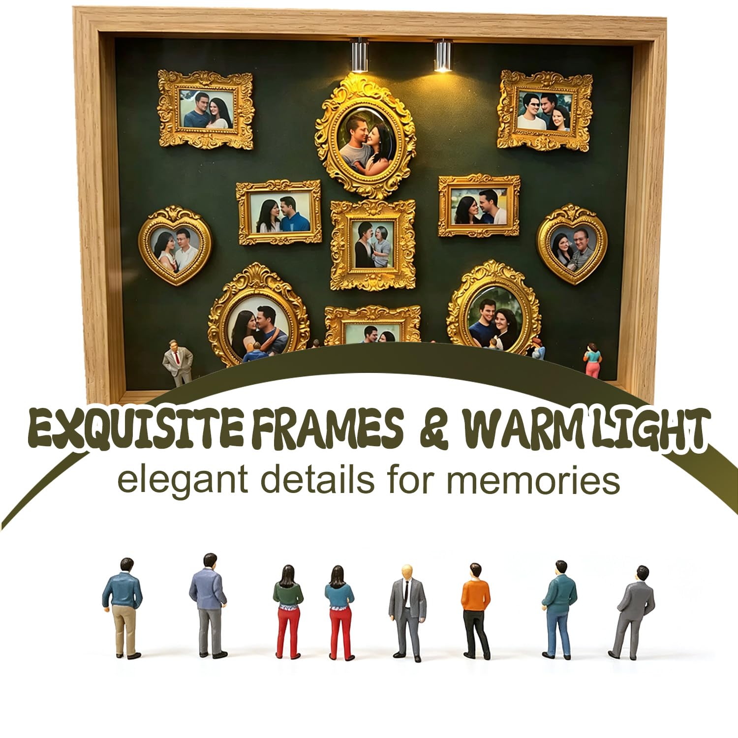 Mini Museum Silhouette Box, Neu Kreatives Bilderrahmen DIY mit LED Licht, Erinnerungsdisplay Kit mit 11 Mini Goldene Rahmen 8 Zufällige Figuren Set, Jahrestag Geschenke Ideen (Naturholzrahmen, grün)