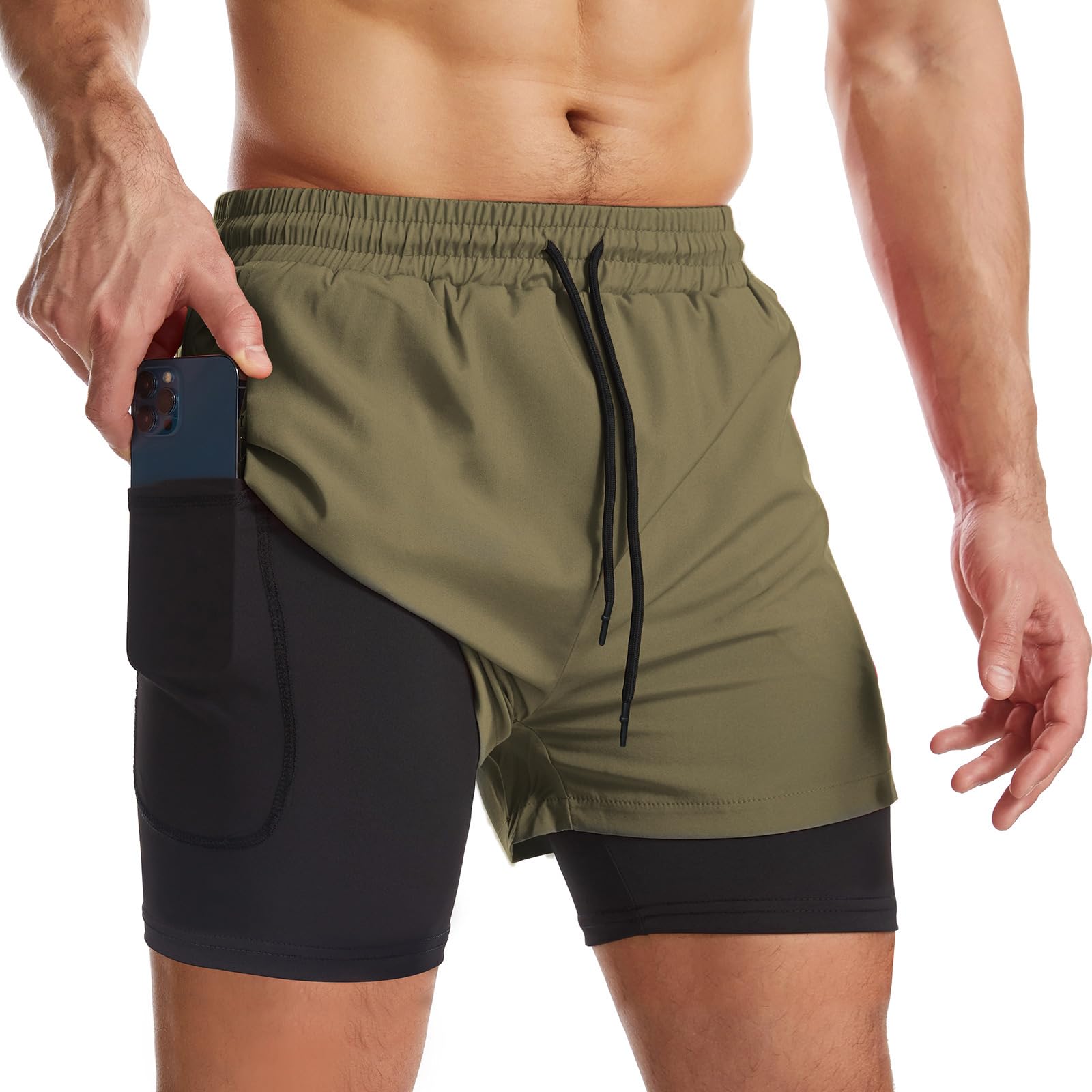 Surenow Mens 2 in 1 Running Shorts Quick Dry Athletic Shorts with Liner, Workout Shorts with Zip Pockets and Towel Loop
