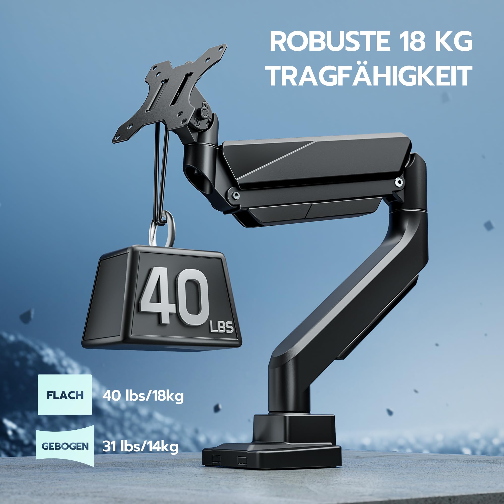 ARES WING Monitor Halterung für 17"-49" Flach Curved Bildschirm, Höhenverstellbar Bildschirmhalterung, Einzel Monitor Arm Traglast Max 18 kg, 75/100mm Vesa Halterung, Tischhalterung,Schwarz