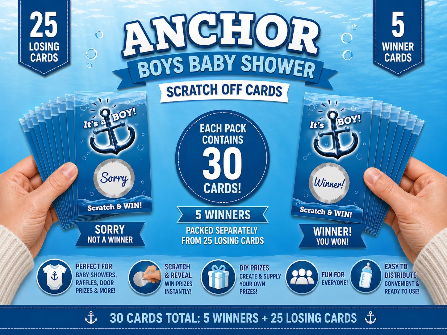 Anchor Boys Baby Shower zdrapki - (30 sztuk) - Baby Shower Scratch & Win dla chłopców - loteria na baby shower - nagrody za drzwi - zdrapki