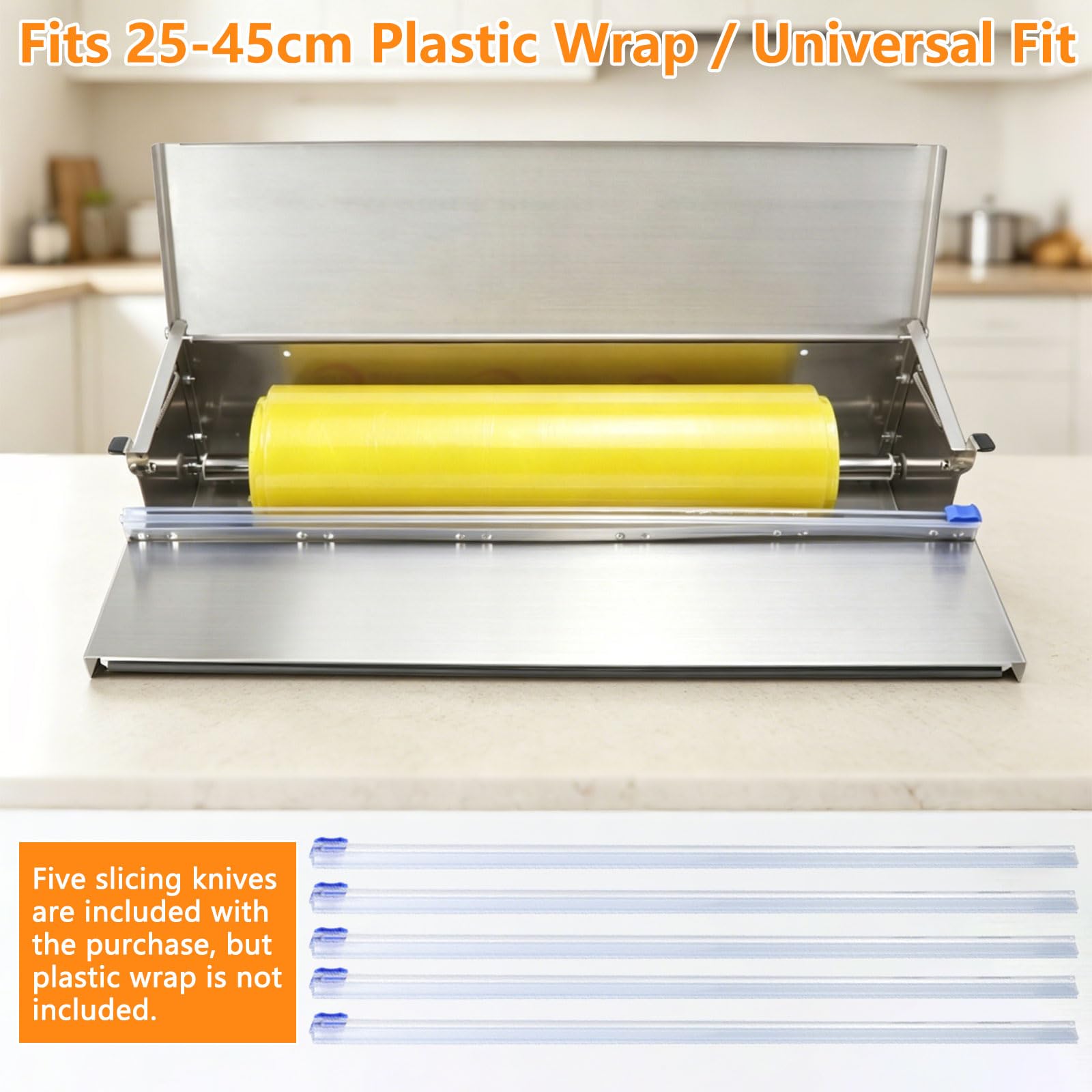 Folienspender Edelstahl (50cm) mit Frischhalte & Alufolie Hygienisch- staubdicht- Plastic Wrap Dispenser mit Cutter-5 Ersatzklingen