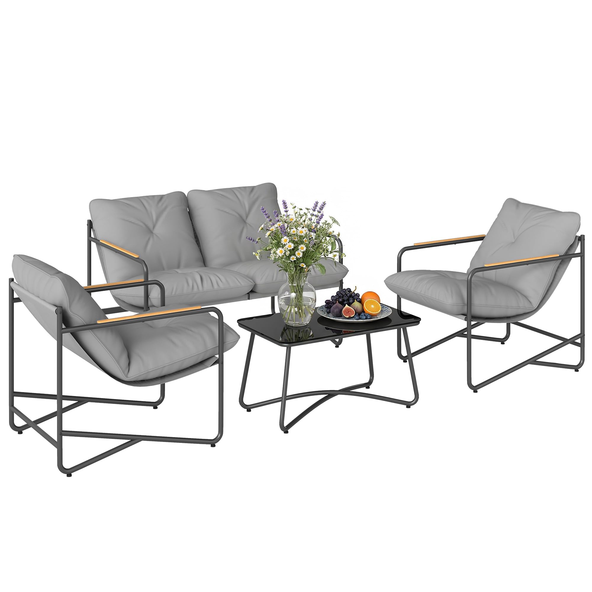 Outsunny Set Salotto da Giardino 4 Pezzi, Mobili da Esterno in Metallo con Divano 2 Posti, Poltrone e Tavolino in Vetro, Grigio Chiaro