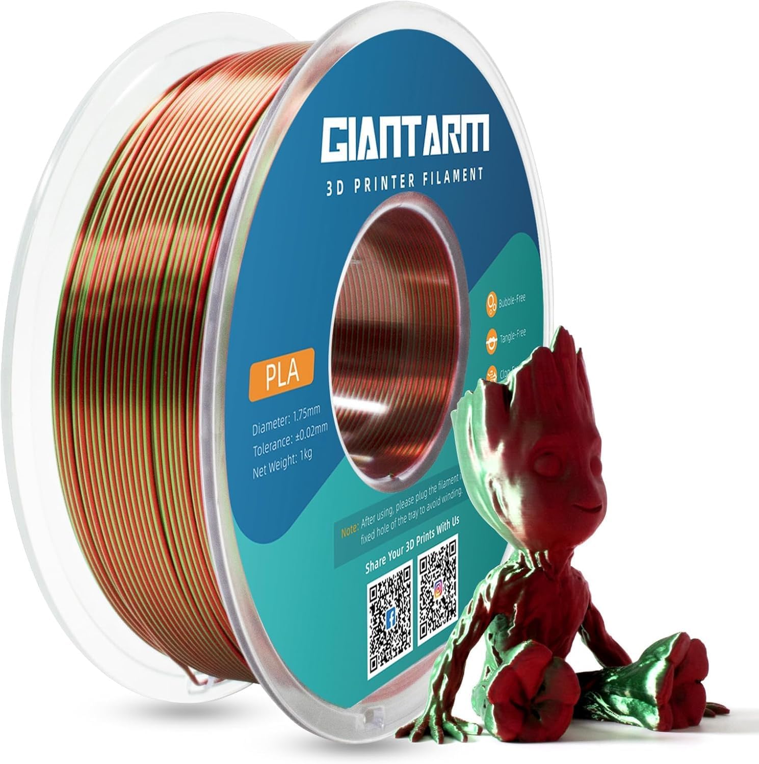 GIANTARM 3D Printer PLA Filament,Shiny Silk Red Green Dual Color Filament,1.75mm Dimensional Accuracy +/-0.03mm, 1080 Feet per Roll, Vacuum Packaging, for Most 3D FDM Printer