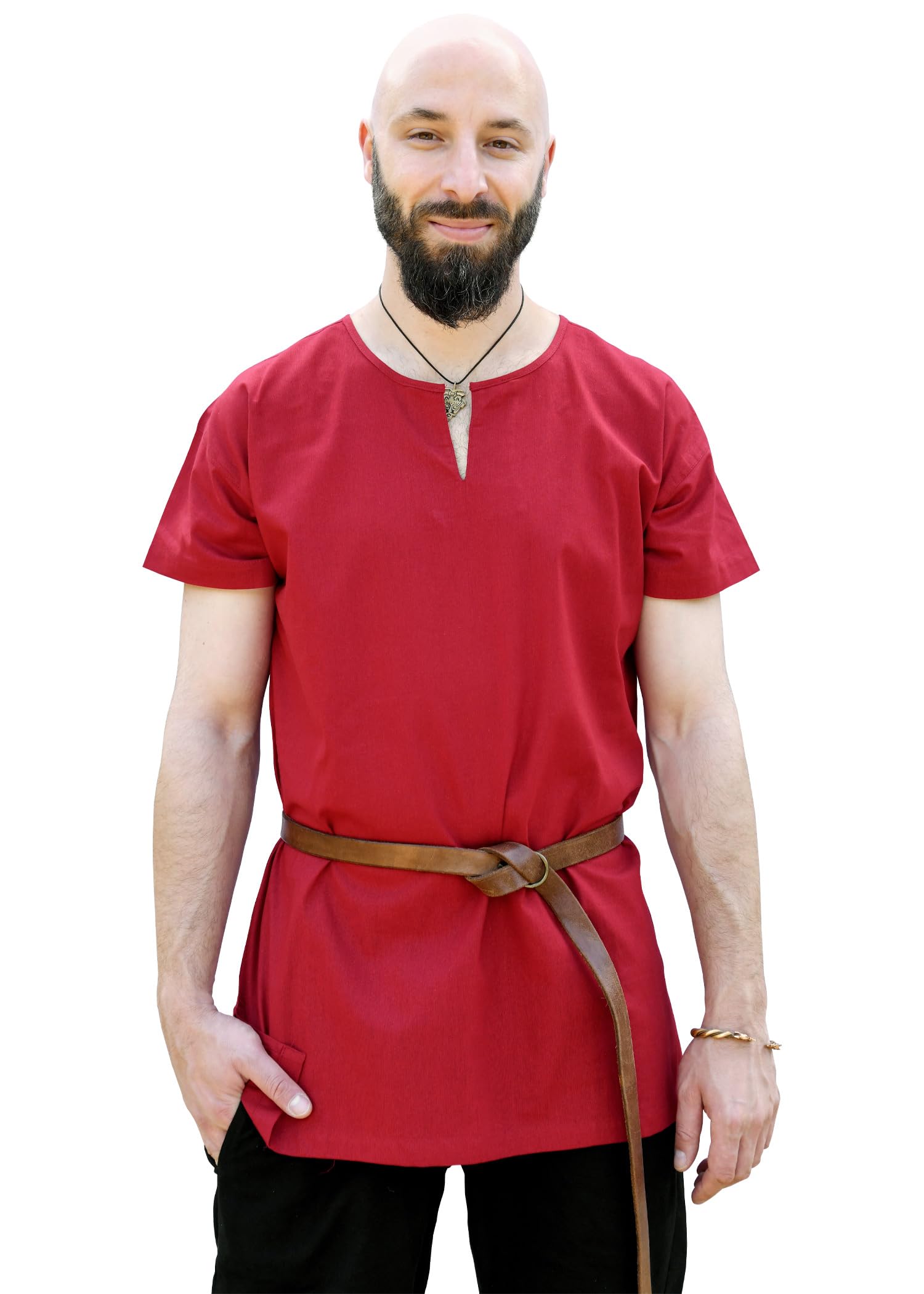 Battle-Merchant Medieval Tunic Sigmund - Short Sleeve Tunic for Men - LARP Knight Shirt Warrior Fancy Dress - Viking, red, L