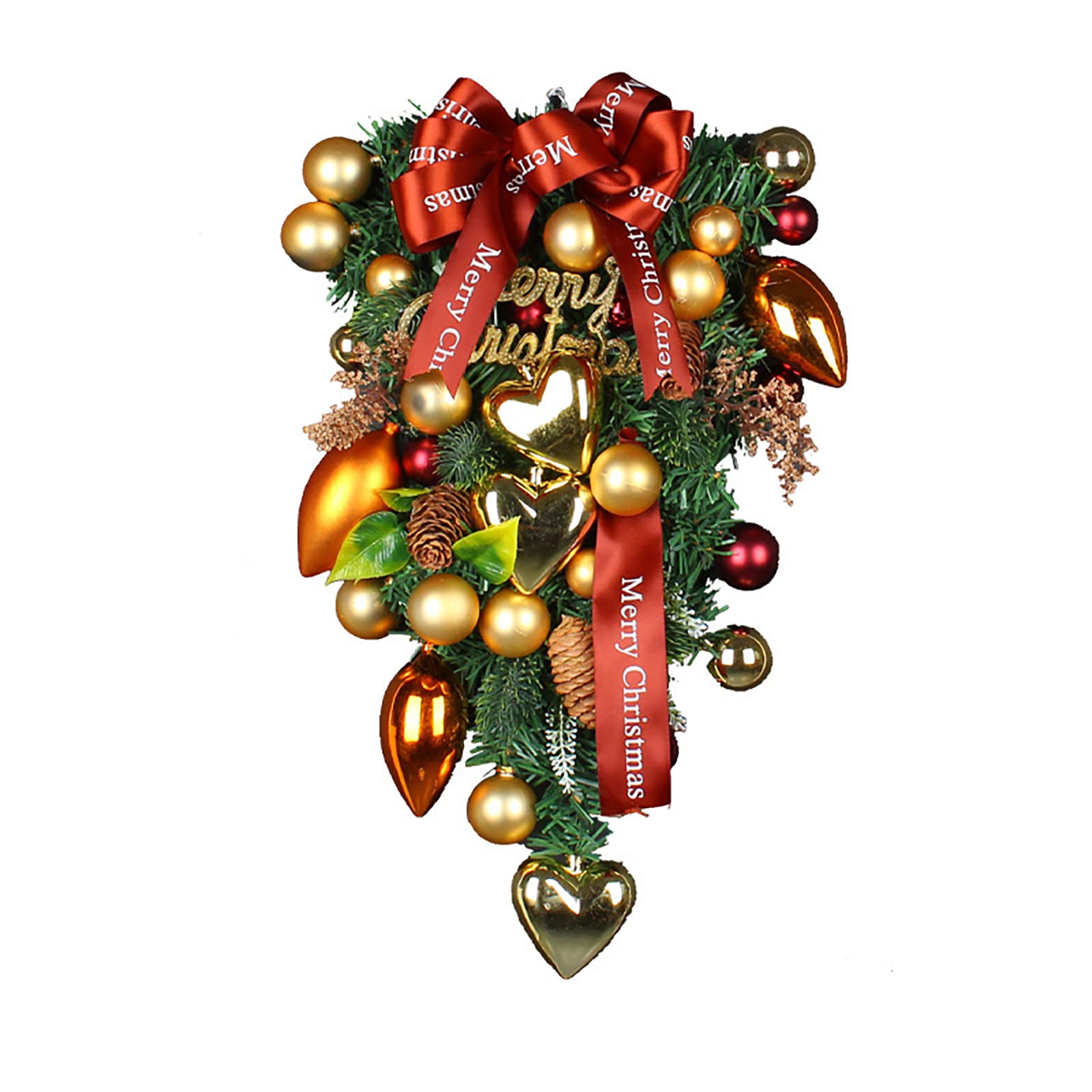 Christmas Wreath for Front Door, Christmas Teardrop Swag with Merry Christmas Sign, Christmas Tree Garland Bow and Ornaments for Farmhouse Stair Fireplace Window Holiday Decor