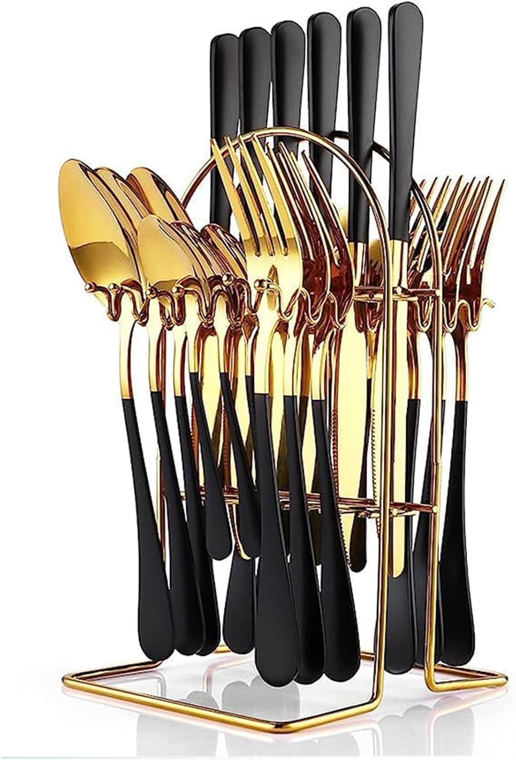 24 Piece Flatware Set,Stainless Steel Cutlery Set with Silverware Holder, Spoons, Forks, and Knives, Utensil Set Service for 6, Gold Mirror Polished and Matte Pink Painted (Black Gold)